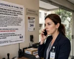 Mulher branca de cabelos castanhos presos em rabo de cavalo, usando blazer azul-marinho e crachá com a inscrição "SÍNDICA - CONDOMÍNIO RESIDENCIAL PAULISTA", fala ao celular enquanto está apoiada em um balcão de madeira na portaria de um condomínio. Sobre o balcão há um livro aberto com o título "REGISTRO DE OCORRÊNCIAS", um rádio comunicador, caixa de correios e chaves penduradas. Na parede atrás dela há um grande cartaz branco com o texto "LEI ESTADUAL Nº 17.406 / 2021 - COMUNICAÇÃO OBRIGATÓRIA - PROTEÇÃO À MULHER, CRIANÇA, ADOLESCENTE E IDOSO" detalhando a obrigação de síndicos comunicarem indícios de violência doméstica, com destaque para "SE O EPISÓDIO ESTÁ EM CURSO: COMUNICAÇÃO IMEDIATA" e "NAS DEMAIS SITUAÇÕES: COMUNICAÇÃO POR ESCRITO EM ATÉ 24 HORAS". Ao lado há placas de "PORTARIA - CONTROLE DE ACESSO" e "USO DE CÂMERAS DE SEGURANÇA 24H