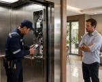 Técnico realiza manutenção preventiva em elevador de condomínio enquanto síndico acompanha, ilustrando segurança e gestão responsável.