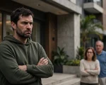 Condomínio residencial de alto padrão. Em primeiro plano, um homem de barba por fazer, vestindo moletom verde-oliva, está isolado em frente à portaria com braços cruzados e expressão facial hostil e fechada. Ao fundo, desfocados, três moradores observam a cena à distância com expressões de preocupação e desconforto. A composição transmite tensão, isolamento e conflito de convivência, ilustrando o limite entre o direito individual de propriedade e o direito coletivo ao sossego e à segurança.