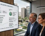 Síndico profissional e administradora condominial colaboram em sala de gestão moderna analisando painel digital com indicadores financeiros, automação e governança, com condomínio residencial brasileiro ao fundo visto pela janela.