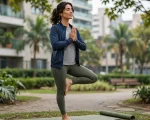 Síndica profissional em um momento de autocuidado, praticando atividade yoga em um parque urbano próximo a um condomínio residencial.